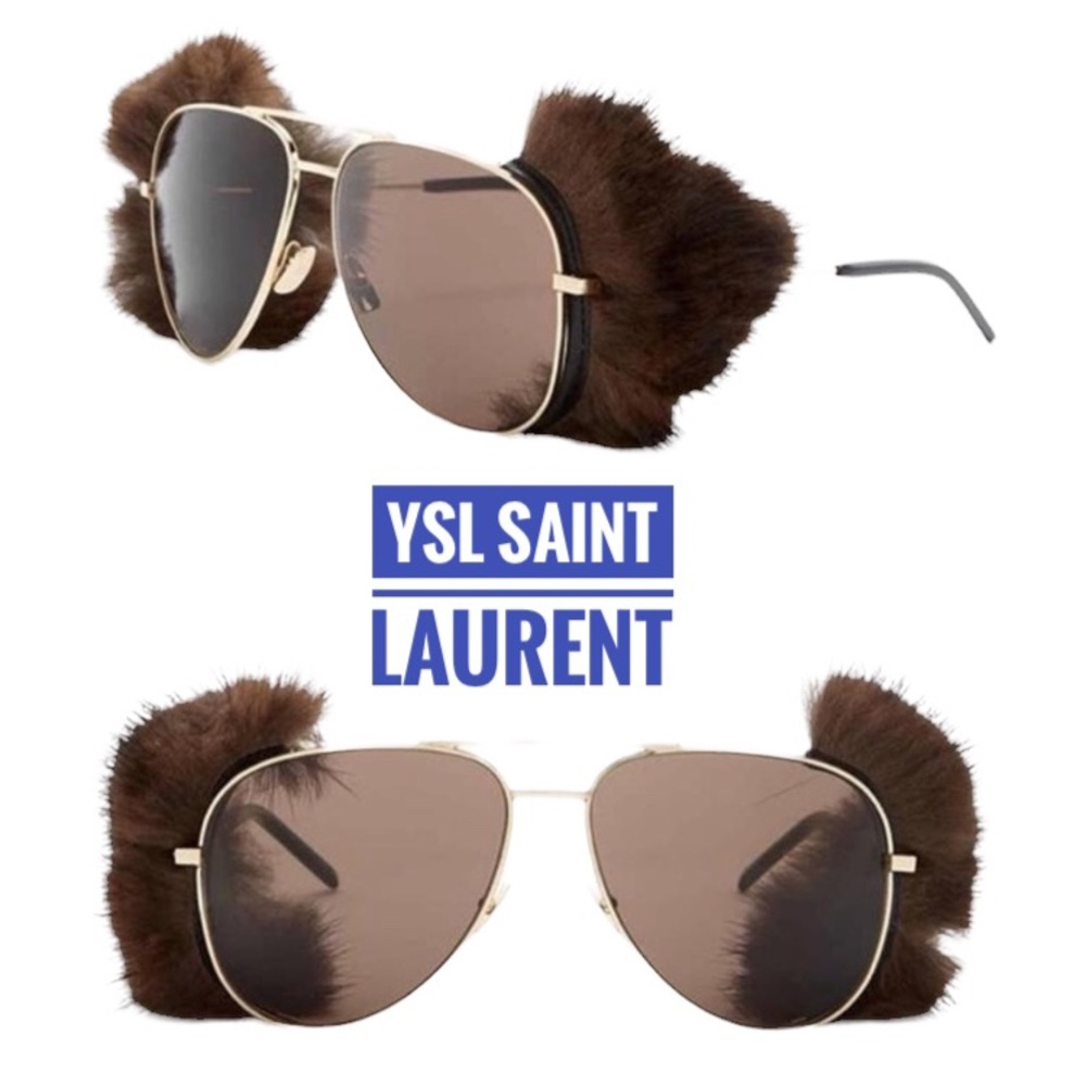 New YSL Saint Laurent Women Metallic Classic Mink Fur-trim Sunglasses authentic